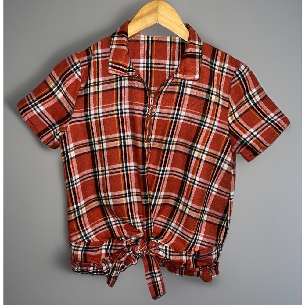 Plaid Flannel Pullover Top - Burnt Orange Fall Style w/ Accent Zipper - Sz S